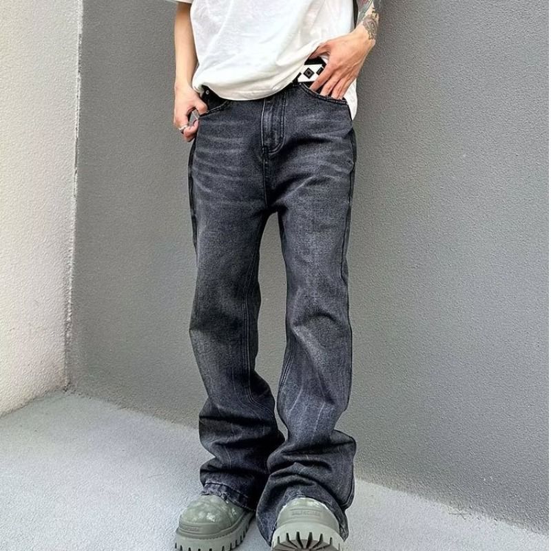 Men's Clothing Washed gray destroyed vintage jeans straight loose black flared trousers men's one piece drop shipping_mkmklike.com