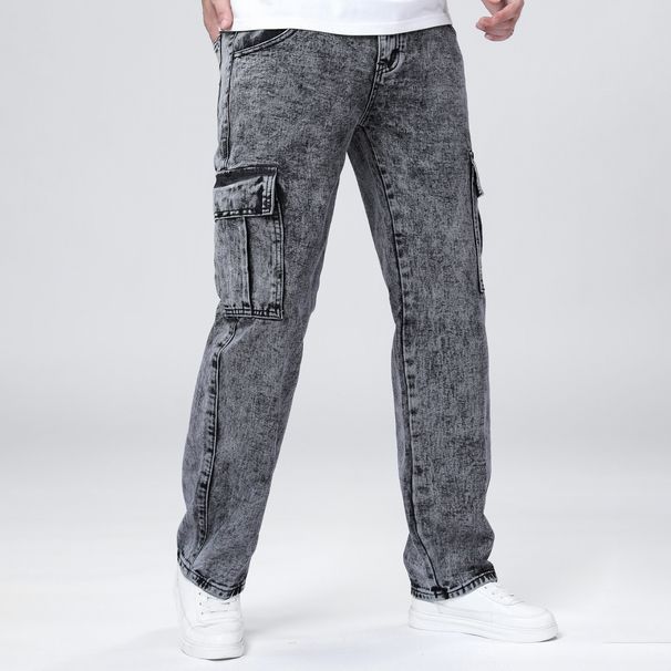Men's Streetwear Jeans – Relaxed Fit Straight-Leg Workwear Denim Pants, Classic Blue & Black Washed Cotton, No-Stretch Comfort_mkmklike.com