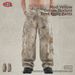 Men's Distressed Wide Leg Pants High Street Trendy Retro Casual Curved Denim Texture Loose Fit Mud Yellow_mkmklike.com