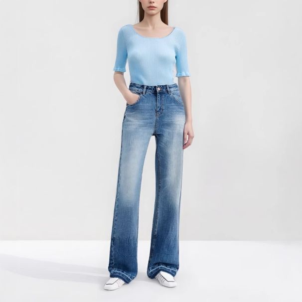 Blue Washed Wide-Leg Jeans For Women 2026 Spring New High-Waisted Loose American Retro Casual Trousers_mkmklike.com