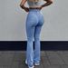 Women's Micro-flare Street Style, Solid Color, Zipper Flare, Light Blue, High Waist, Slim Fit Jeans, Cross-border_mkmklike.com