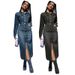 K Women's New Style Denim Dress With Lapel, Buttons, Long Sleeves, And Slits_mkmklike.com