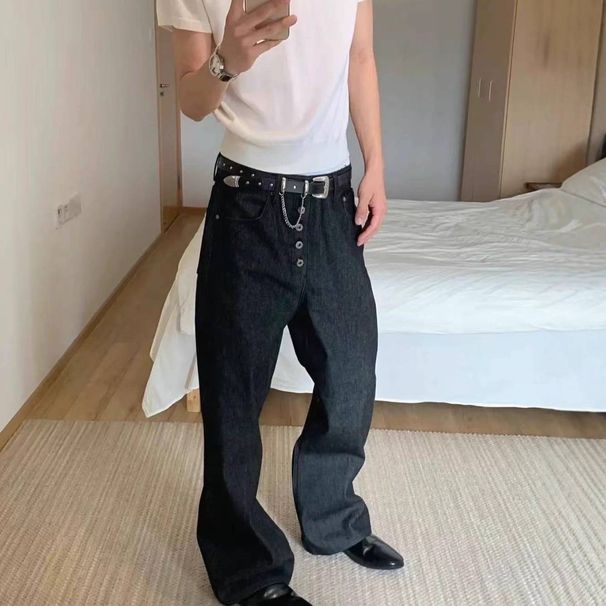 5-Button Fly Raw Denim Jeans For Men - 14oz Unwashed Black Selvedge With Relaxed Straight Leg Cut (A-Shape Fit)_mkmklike.com