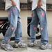 Men's Patchwork Height Enhancing Jeans Mid Waist Straight Pants American High Street Style Slightly Flared Casual Long Trousers_mkmklike.com
