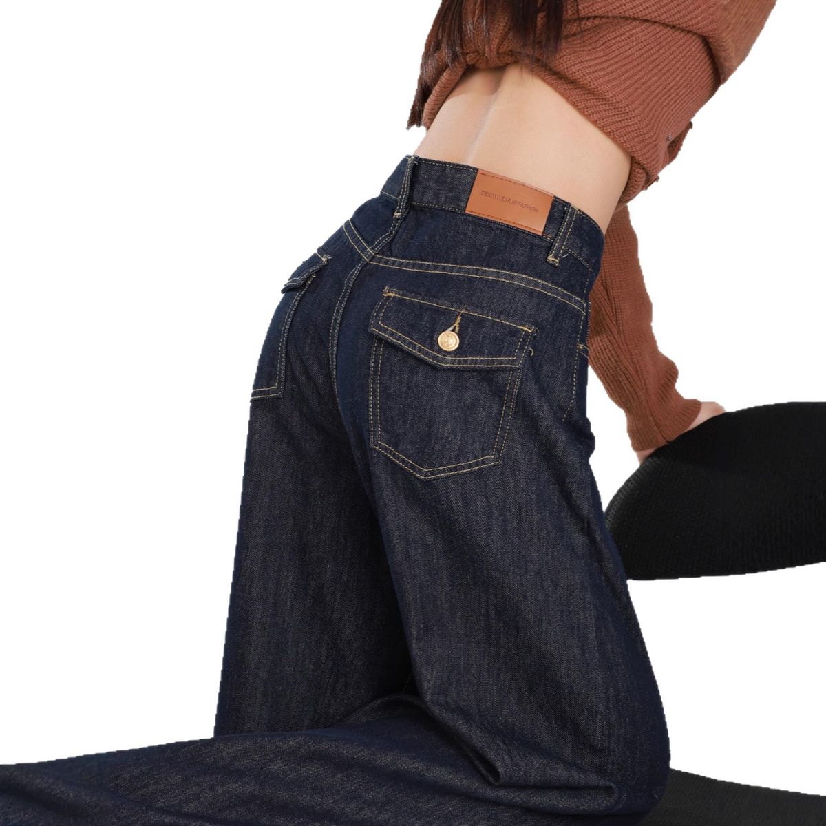 Women's High Waist Wide Leg Jeans - Deep Blue Stretch-Free Denim Pants, Flowy Straight-Leg & Floor-Length, Casual Korean-Japanese Style (S-3XL)_mkmklike.com
