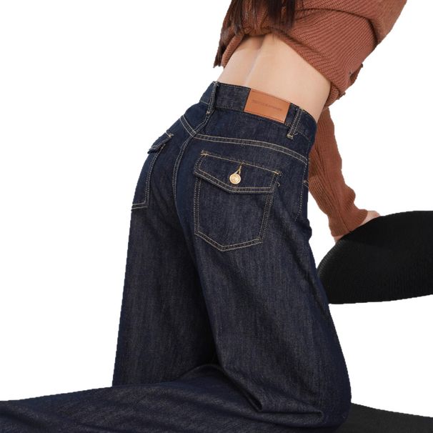 Women's High Waist Wide Leg Jeans - Deep Blue Stretch-Free Denim Pants, Flowy Straight-Leg & Floor-Length, Casual Korean-Japanese Style (S-3XL)_mkmklike.com
