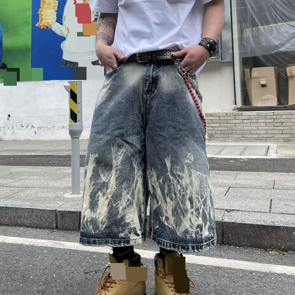 2025 American Hip Hop Retro Lightning Pattern Denim Shorts Men's Loose Wide Leg Cropped Pants_mkmklike.com