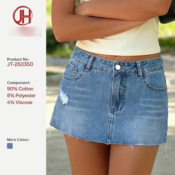 Vintage Distressed Denim Mini Skirt – High-Waisted Stretch Jeans Skirt For Women (S-Xl, Light Blue) Seasonless Hue_mkmklike.com