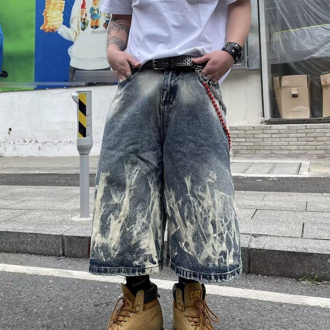 Hip Hop Retro Lightning Pattern Denim Shorts – Unisex Loose Wide Leg Capri Pants, Streetwear Export Style_mkmklike.com