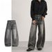 Retro Style Black Curved Blade Jeans Loose Fit Straight Wide Leg mid Waist Washed Distressed for Men And Women_mkmklike.com