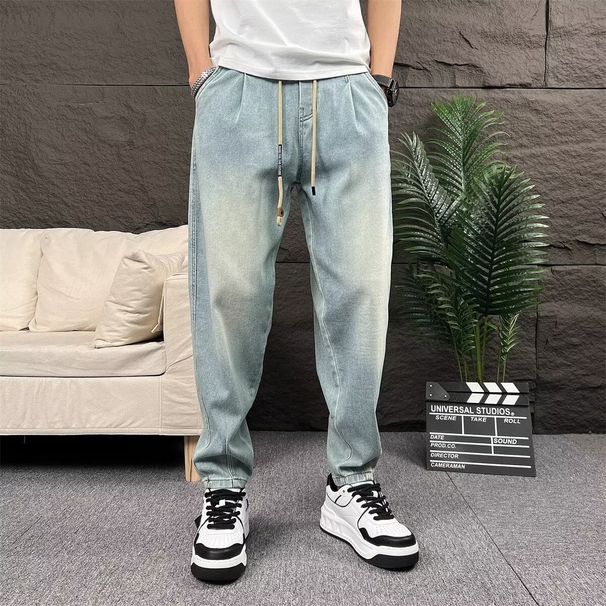 Men's Retro Washed Distressed Blue Jeans Loose Fit Casual Harem Pants Low Waist Standard Thickness Slight Stretch_mkmklike.com