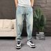 Men's Retro Washed Distressed Blue Jeans Loose Fit Casual Harem Pants Low Waist Standard Thickness Slight Stretch_mkmklike.com