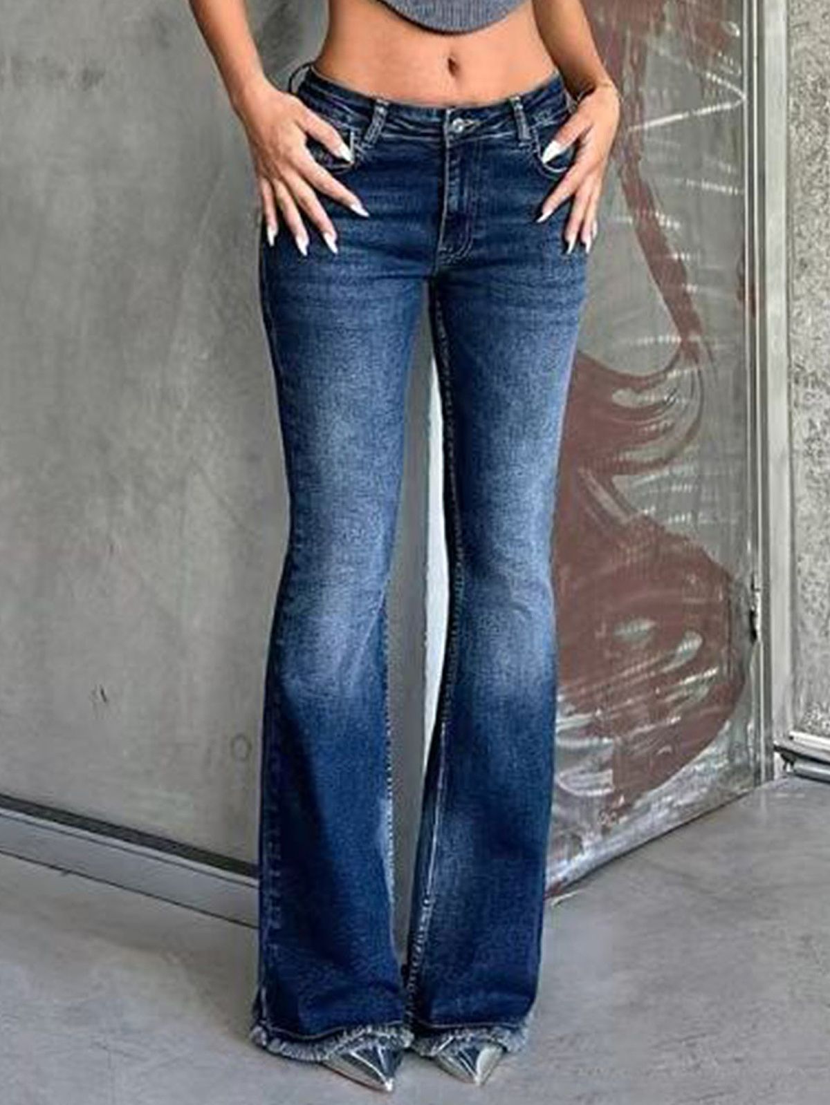 Vintage-Inspired Flare Jeans For Women – Stretchy Bootcut Denim Pants With Distressed Wash (XS-XL, Cotton-Polyester Blend, Y2K Retro Style)_mkmklike.com