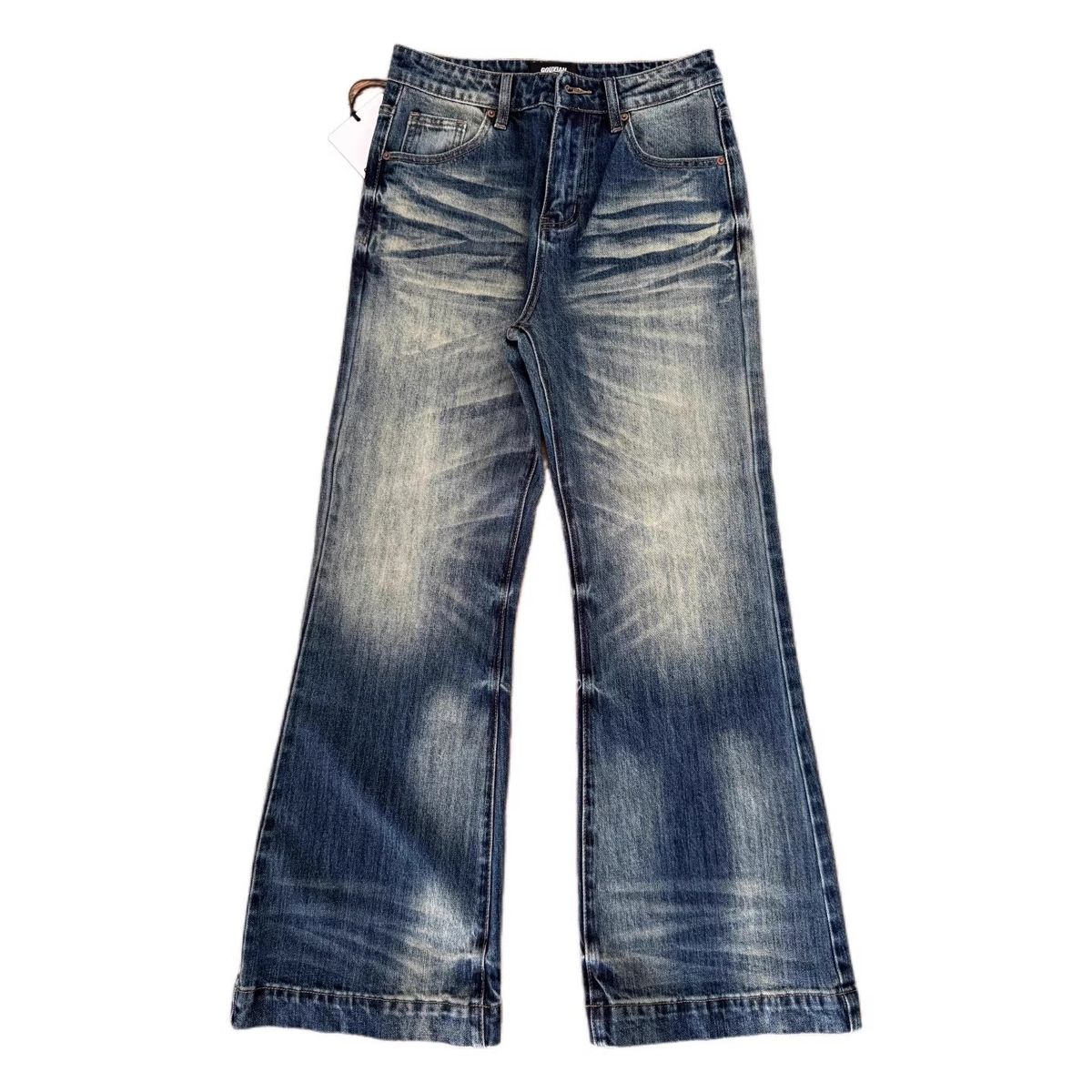 Men's American Retro Blue Washed Denim Jeans Straight Leg High Street Style Mid Waist Long Cotton Non-Stretch_mkmklike.com
