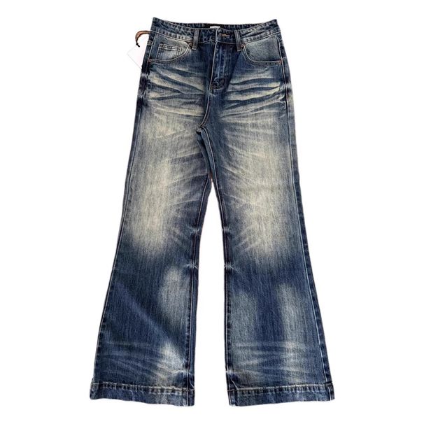 Men's American Retro Blue Washed Denim Jeans Straight Leg High Street Style Mid Waist Long Cotton Non-Stretch_mkmklike.com