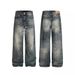 Unisex Vintage Washed Jeans – Distressed Cat Whisker & Curved Hem Design, Relaxed Wide-Leg Fit, 100% Cotton Denim Pants For Men & Women (S-3XL,)_mkmklike.com