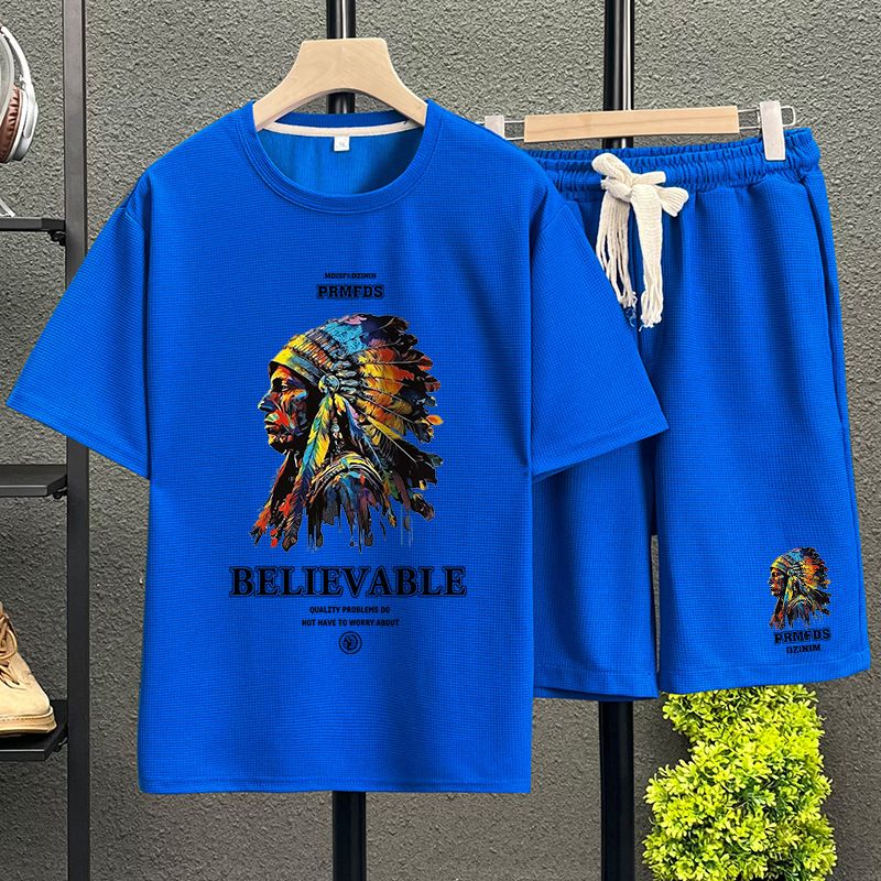 Men's Clothing waffle polo shirt short sleeved T shirt set summer loose clothes tops and pants suits for men_mkmklike.com