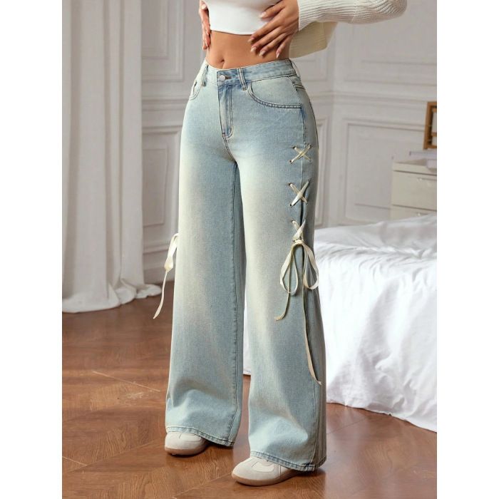 Women's Clothing High-Waisted Flare Jeans With Bow Detail - Comfortable Cotton Stretch Denim Pants For Casual & Streetwear (S/M/L/XL/2XL)_mkmklike.com