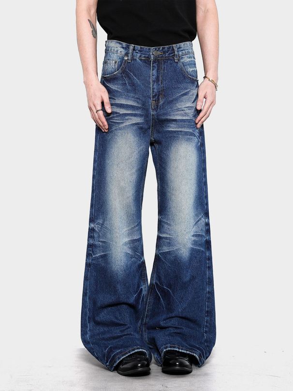 Vintage Washed Denim Bell-Bottom Jeans For Men & Women – Retro Stretch-Free Cat Whisker Design, High Waist, Flared Hem, Casual Everyday Wear_mkmklike.com