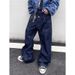 Men's Clothing Retro Studded Double Waisted Jeans, Unisex Loose Fitting Baggy Straight Leg Wide Leg Casual Logging Pants_mkmklike.com
