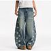 Women's High Waist Wide Leg Jeans Trendy Star Print Side Cutout Casual Cotton Hip Hop Style Loose Fitting Spring/Autumn_mkmklike.com