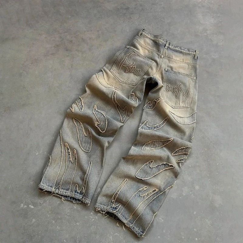 Men's Clothing Men's Retro High Street Leopard Print Wide Leg Jeans Loose Straight Casual Trousers Trendy Brand Street Design_mkmklike.com