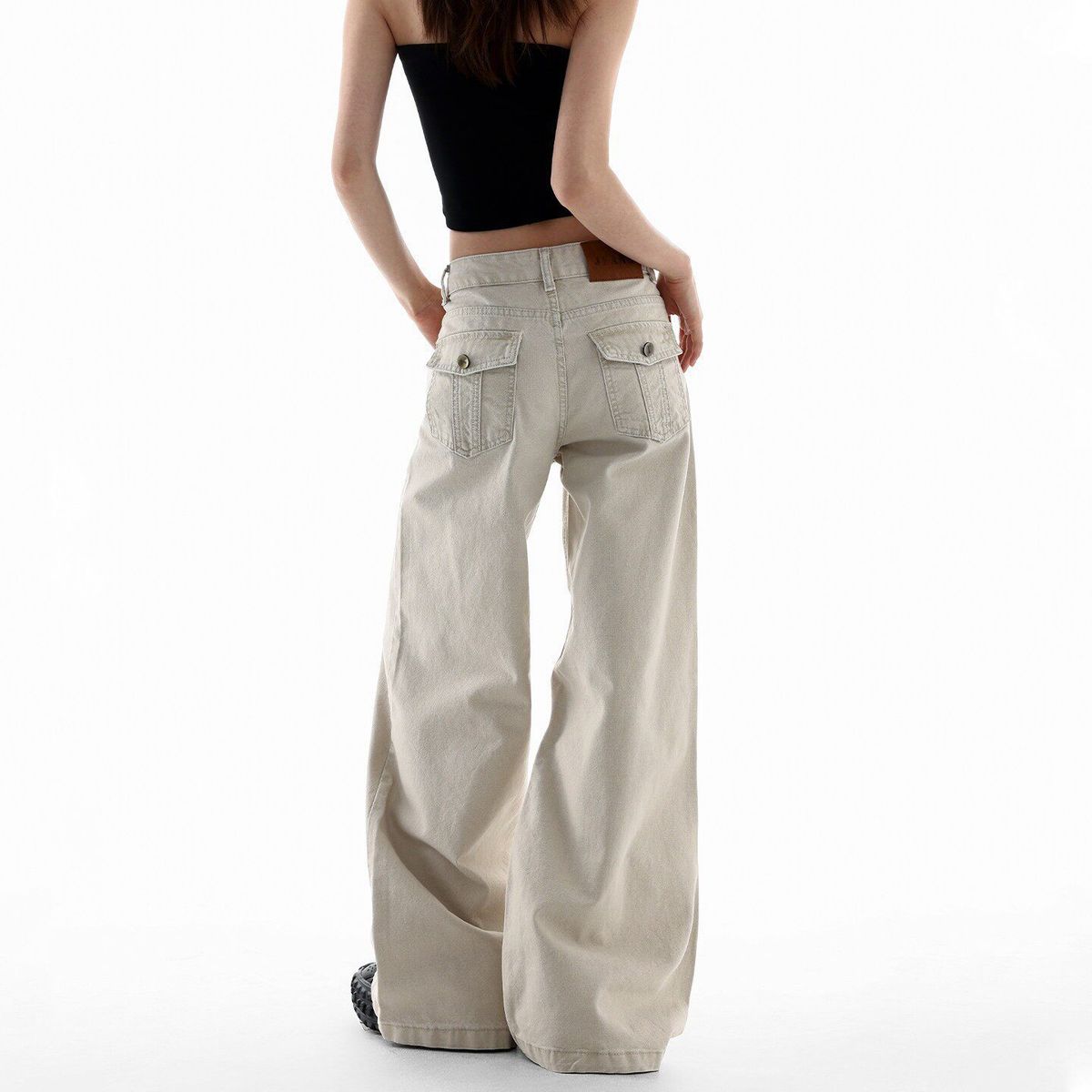 Women's American Retro Light Apricot Wide Leg Jeans Loose Fit Slimming Low Waist Straight Leg Floor Length Spring Summer 2026 Style_mkmklike.com