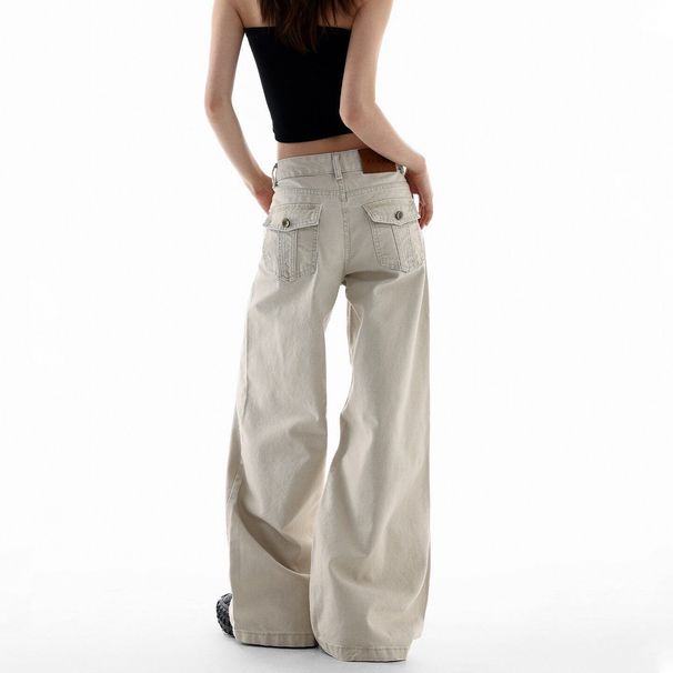 Women's American Retro Light Apricot Wide Leg Jeans Loose Fit Slimming Low Waist Straight Leg Floor Length Spring Summer 2026 Style_mkmklike.com