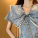 Lotus Leaf Collar Denim Summer Women's New French Style Waist Cinching Dress, Slimming Off Exuding A Luxurious And_mkmklike.com