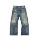 Vintage Washed Distressed Denim Jeans For Men - Straight Loose Fit With Patchwork & Cat Whiskers Design_mkmklike.com