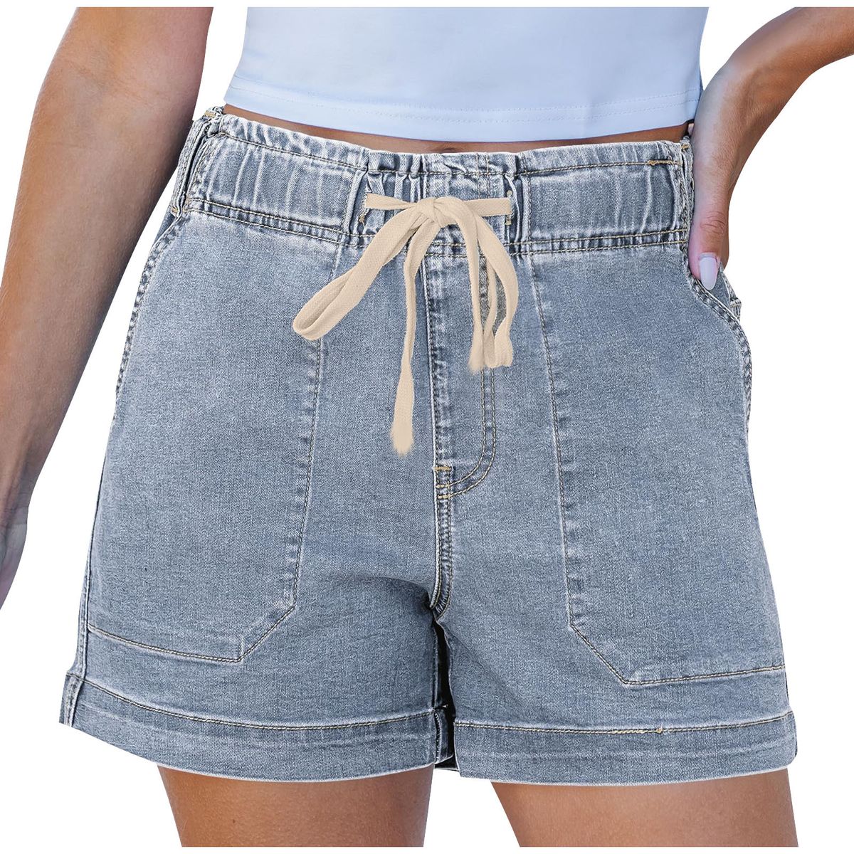 Women's Elastic Waist Drawstring Denim Shorts Relaxed Everyday Wear Comfortable Feshion_mkmklike.com