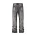 Patchwork Loose Fitting Slightly Flared Distressed Jeans High Street Fashion Mid Waist Cotton Blend Men And Women's Blue Jeans_mkmklike.com