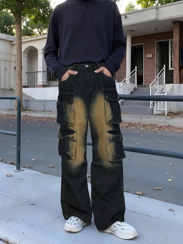 Men's Vintage Workwear Jeans - Loose Fit Straight Leg Denim Pants With Multiple Pockets, High Street Style, Washed & Distressed_mkmklike.com