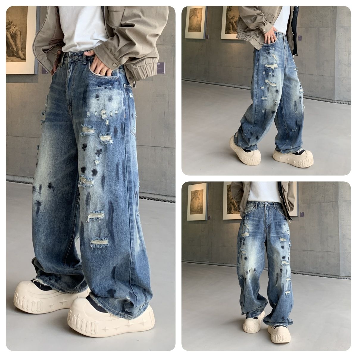 Men's Clothing Oversized Straight Leg Jeans – Streetwear Distressed Denim Pants With Hand-Painted Graffiti (S-3XL, Blue Wash, No Stretch)_mkmklike.com