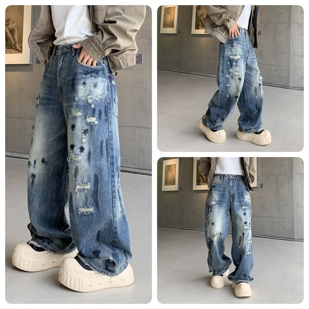 Men's Clothing Oversized Straight Leg Jeans – Streetwear Distressed Denim Pants With Hand-Painted Graffiti (S-3XL, Blue Wash, No Stretch)_mkmklike.com