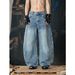 Men's Heavy Duty Sparkly Rhinestone Jeans Design Conscious Washed Blue Curved Wide Leg Floor Length Trousers_mkmklike.com