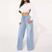 Women's Clothing Women's Denim High Waist Drawstring Loose Wide Leg Light Blue Jeans Women's JEANS_mkmklike.com