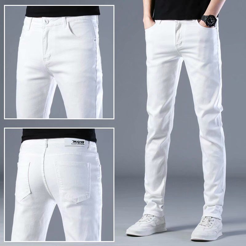 White Slim Fit Elastic Jeans Men's Fashion Long Pants Spring New Youth Denim_mkmklike.com