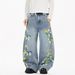 BSJ Trendy Spring Retro Floral Embroidered Curved Jeans For Men And Women, Loose Fit And Wide Leg Design._mkmklike.com