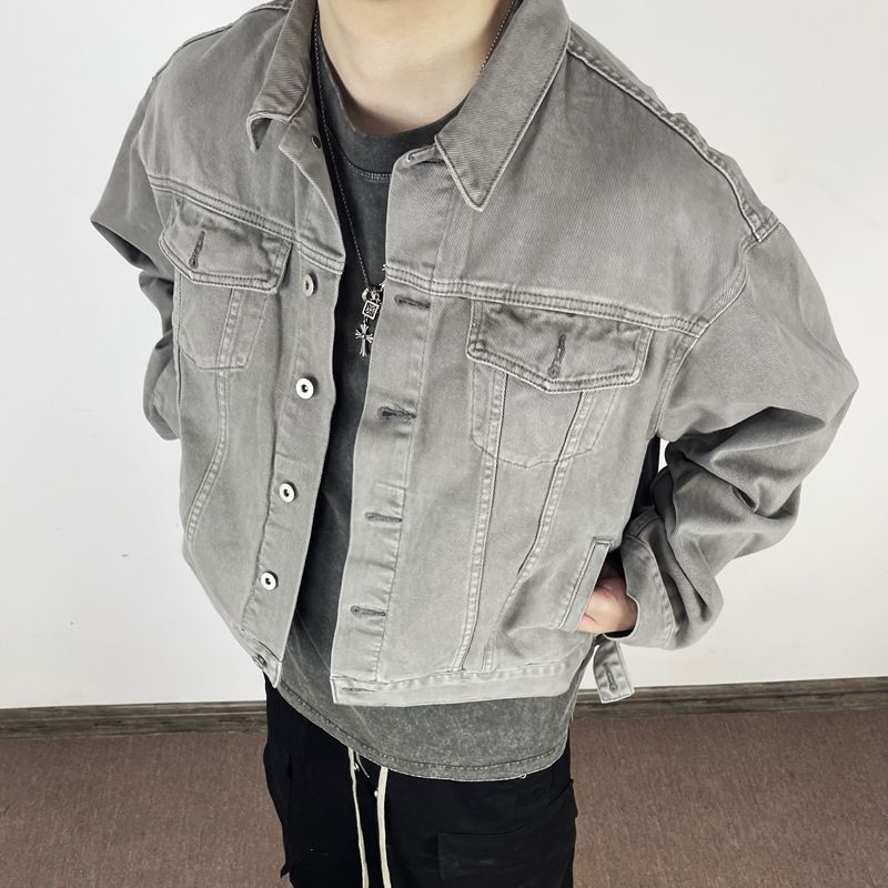 American Vujade Kenijima Style Boxy Short Width Washed Grey Denim Korean Version Jacket_mkmklike.com