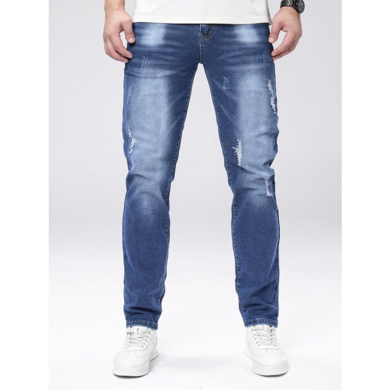 Men's Distressed Blue Jeans – Slim Fit Stretch Denim Pants With Ripped Details & Straight Leg, Trendy Streetwear Style_mkmklike.com