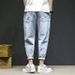 Men's Summer Thin Ripped Jeans Trendy Loose Straight Leg Mid-Waist Cropped Casual Trousers High Street Style_mkmklike.com