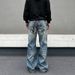 Nordmann American High Street Vibe Style Ink Splash 3D Printed Floral Jeans For Men Ins Loose Straight Wide-Leg Pants Trendy_mkmklike.com