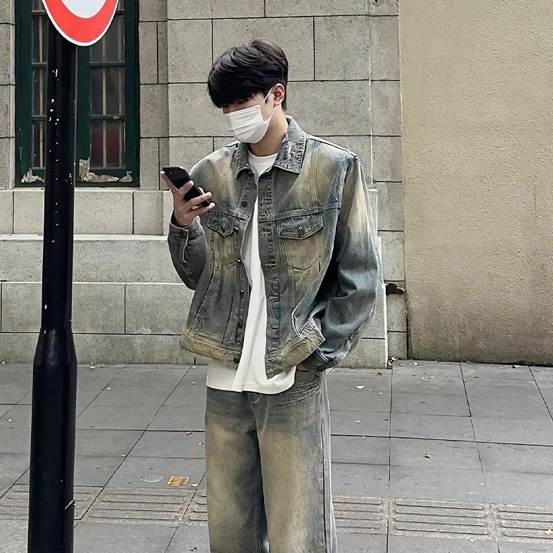 Men's Clothing Cleanfit Short Denim Jacket Trendy High End Handsome Retro High Street Jacket Denim Coat_mkmklike.com