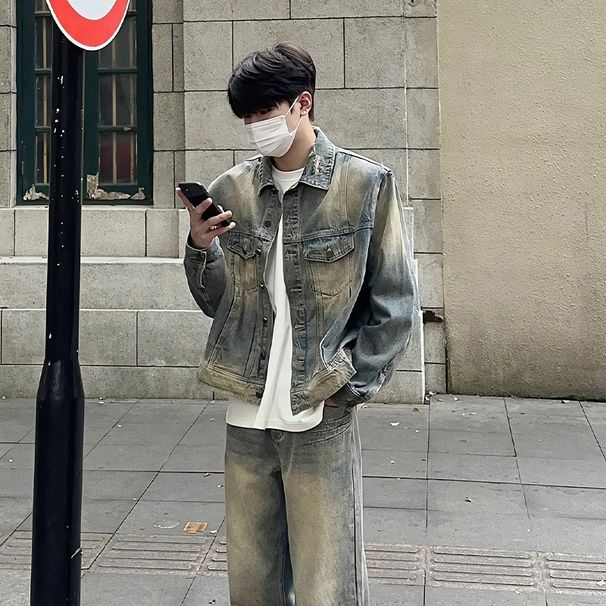 Men's Clothing Cleanfit Short Denim Jacket Trendy High End Handsome Retro High Street Jacket Denim Coat_mkmklike.com