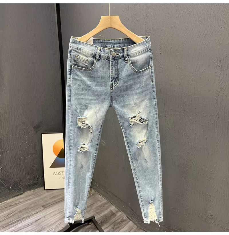 Thin Distressed Elastic 2025 Summer Slim Fit Ruffled And Handsome Cropped Jeans, Men's Fur Edge Trendy Small Leg Casual_mkmklike.com