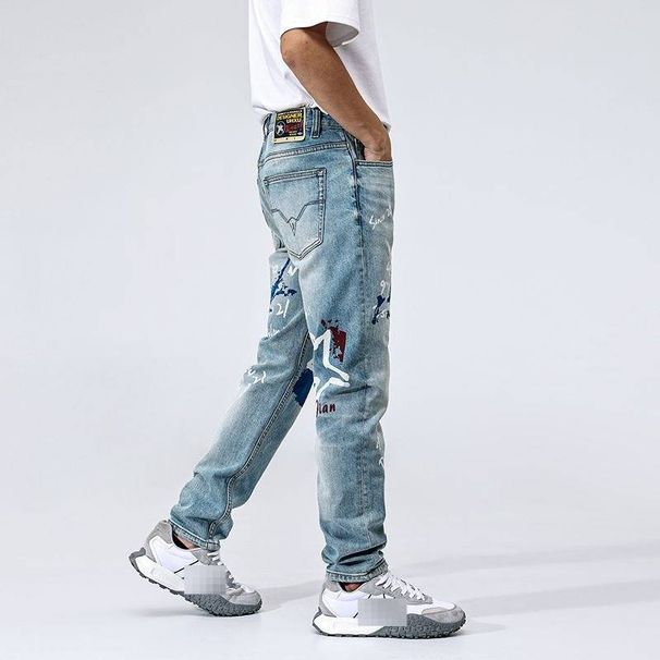 Men's Clothing Slim Fit Straight Leg Jeans Korean Style Embroidered Print Trendy Retro Washed American Pants_mkmklike.com