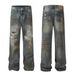 Unisex Retro Wasteland Distressed Jeans High End Casual Mid Waist Straight Leg Blue Denim Trousers For Men Summer Fashion_mkmklike.com