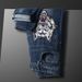 Chinese Style Animal Wolf Embroidery Jeans Men's Slim Fit Trendy Brand Elastic Denim Pants Versatile Daily Wear 50-135KG Can Be Worn_mkmklike.com