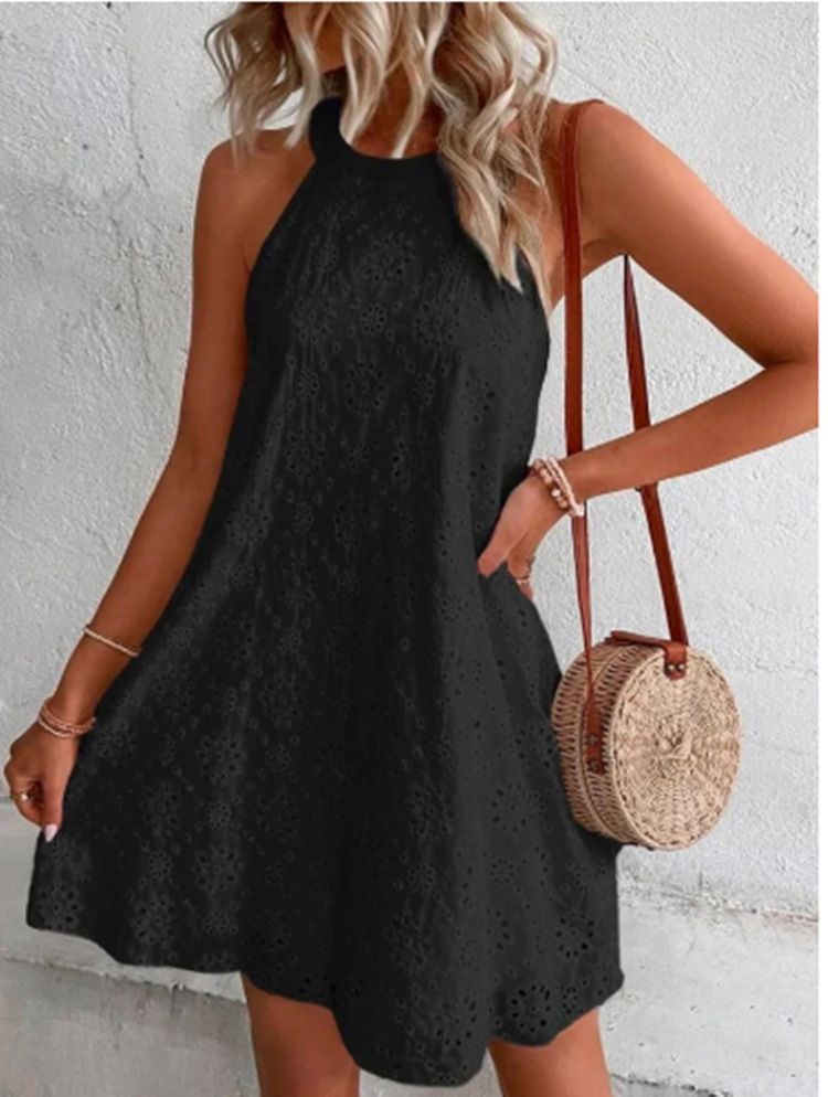 Women's Lace Solid Colour Sleeveless Button Up Neck Dresses_mkmklike.com